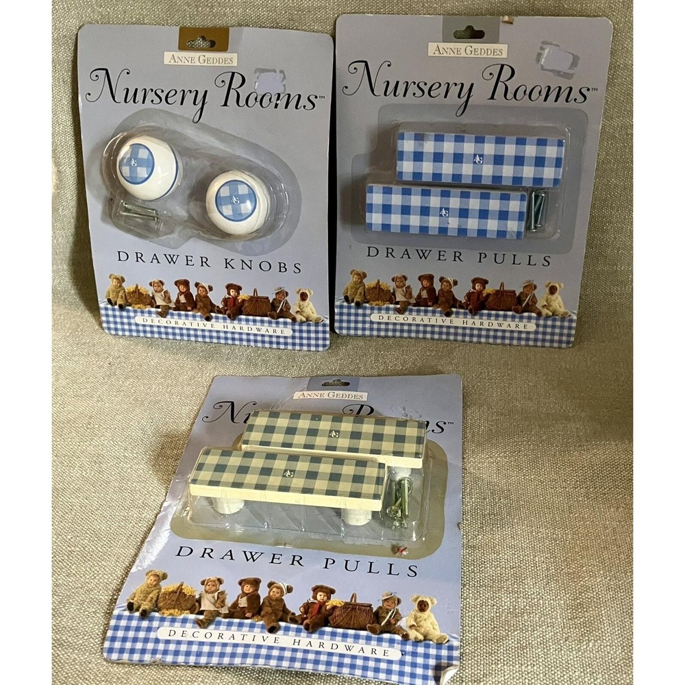1990s Anne Geddes Nursery Rooms Blue Gingham Drawer and Knobs Pulls Set